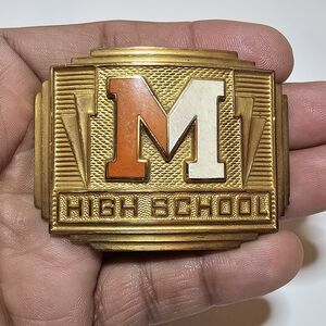 Vintage Invisible Made In The Usa Brass Belt Buckle "M HIGHSCHOOL" Orange White
